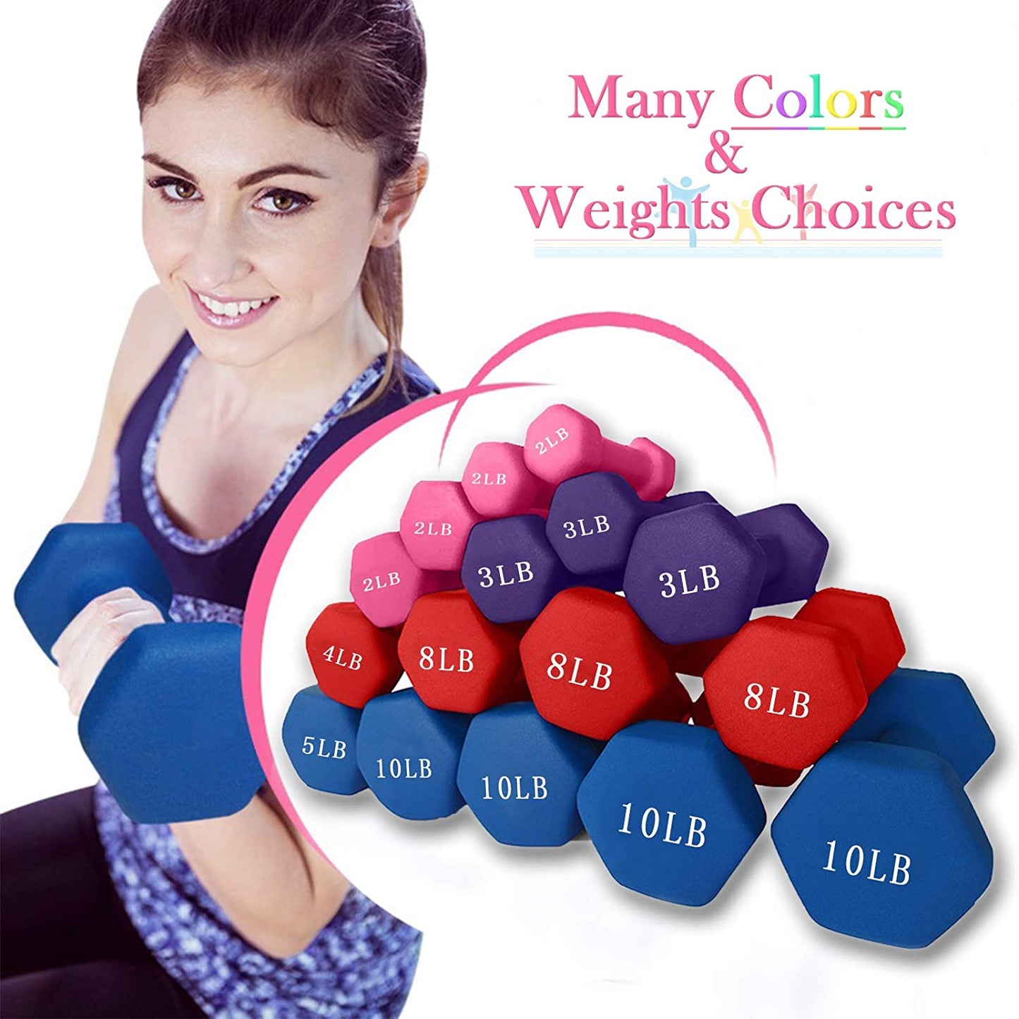 Dumbbells Set of 2 Exact Weights 15Lb/10Lb/8Lb/5Lb/3Lb/2Lb Neoprene Coated Dumbbell Sets, Matte Non-Slip Surface Hex Shape Colorful Exercise & Fitness Dumbbells