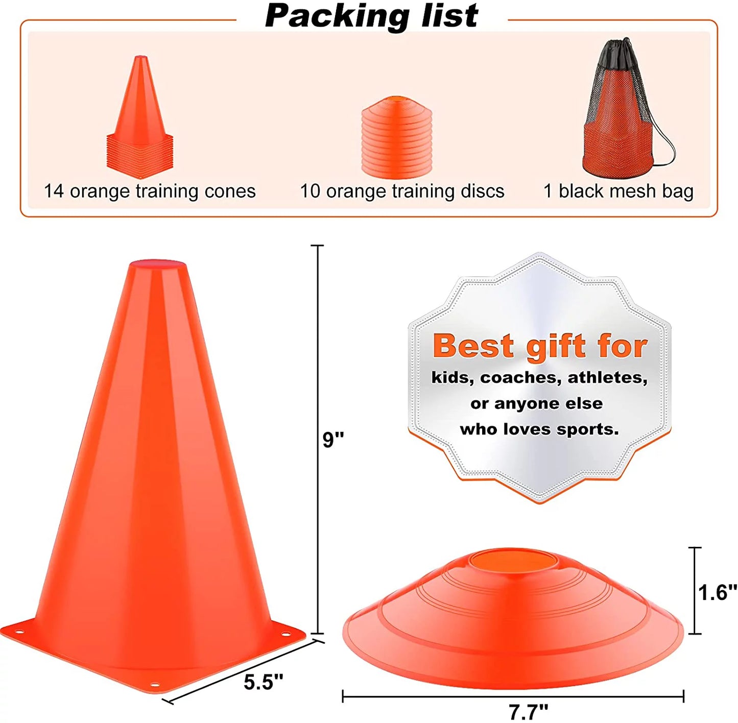9'' Cones Sports, 24 Pack Soccer Football Basketball Plastic Orange Cone