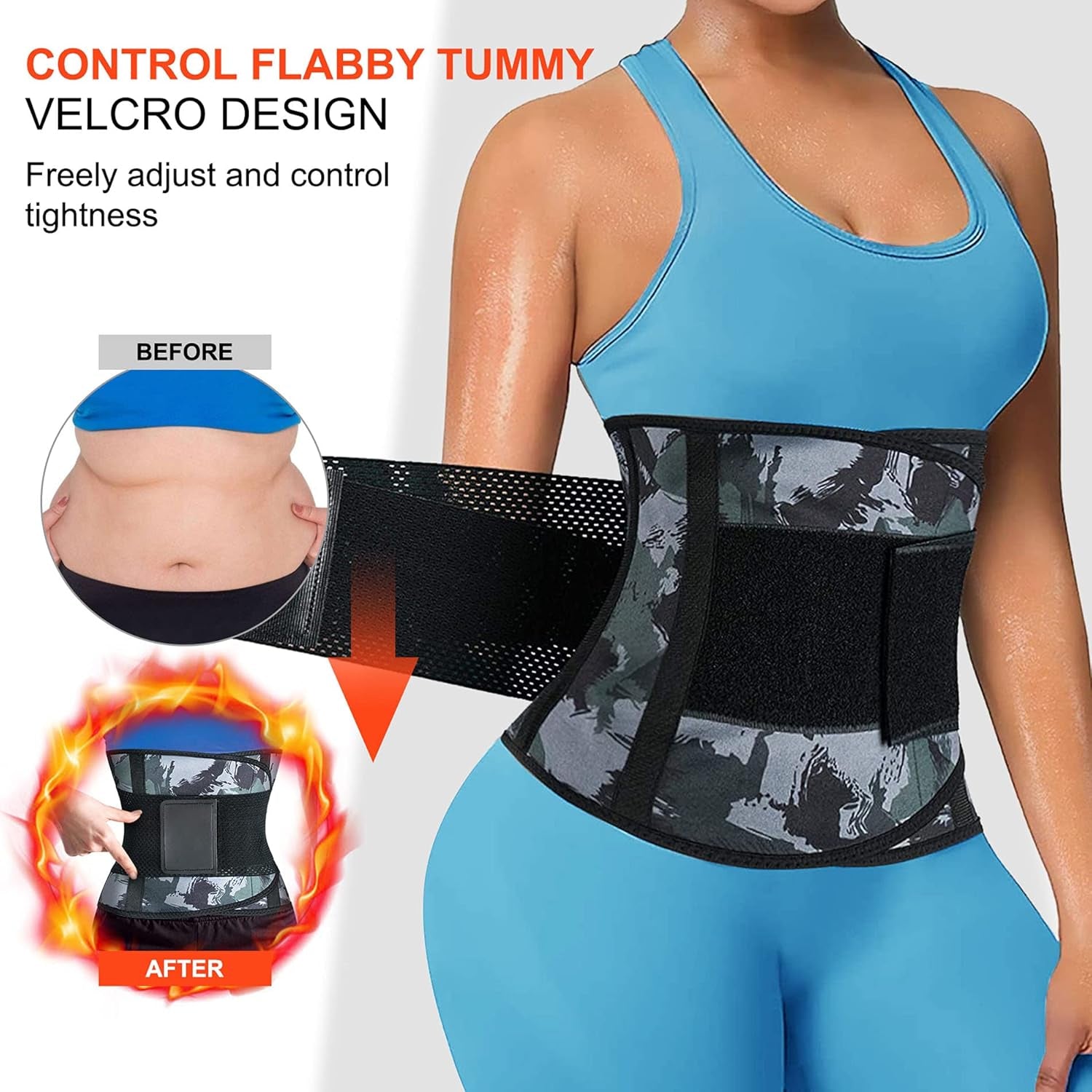 Waist Trimmer for Women Neoprene Sauna Sweat Trainer Belt Slimming Body Shaper Cincher Adjustable Sport Girdle (Camo, Large)