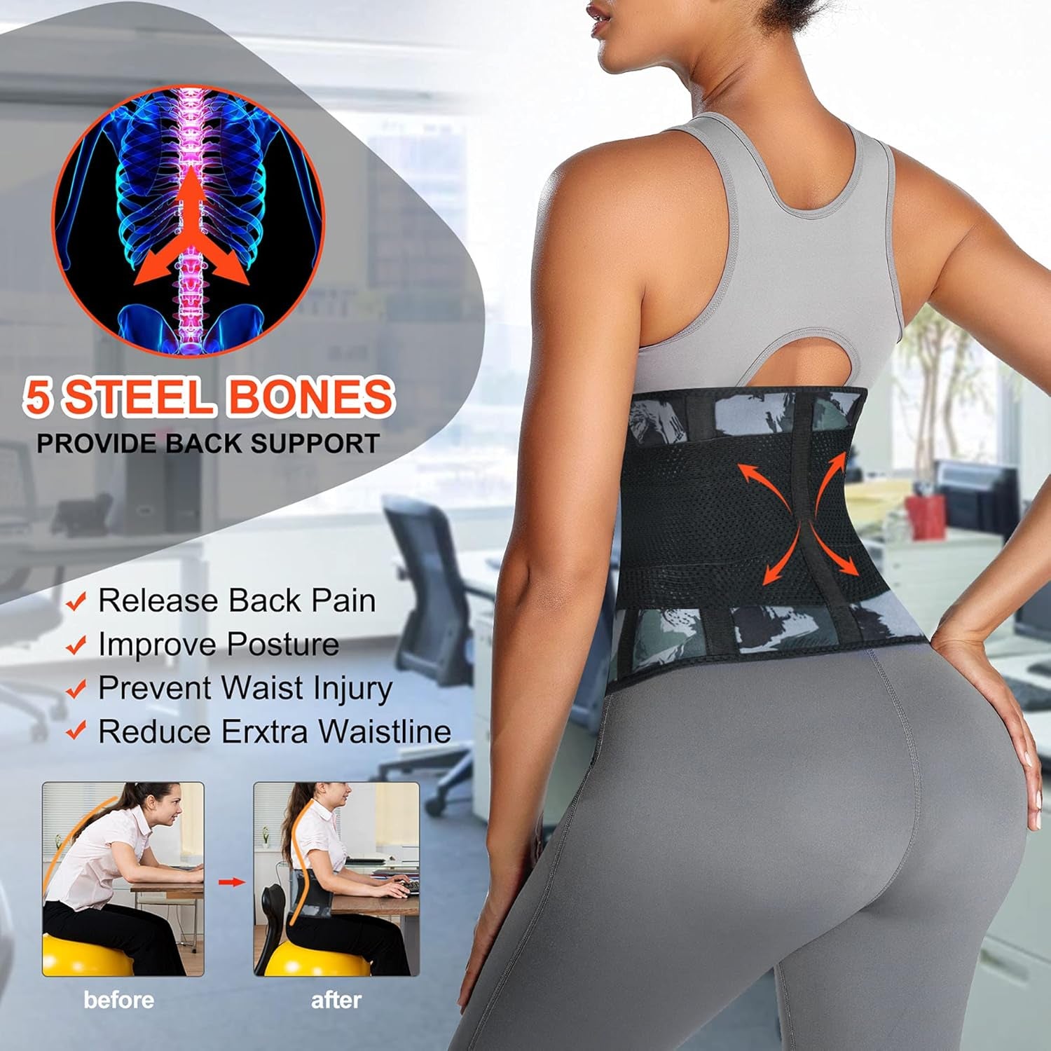 Waist Trimmer for Women Neoprene Sauna Sweat Trainer Belt Slimming Body Shaper Cincher Adjustable Sport Girdle (Camo, Large)