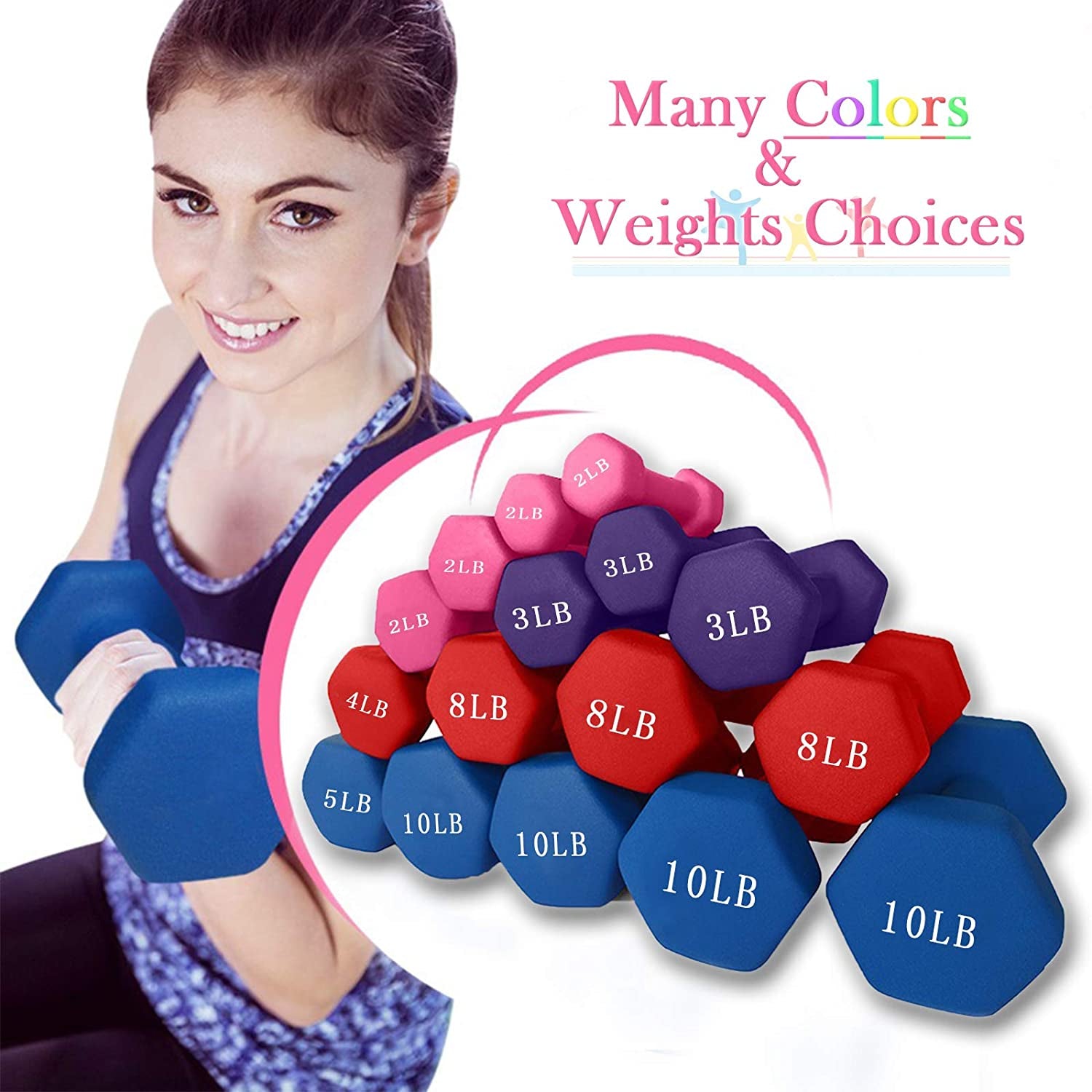 Dumbbells Set of 2 Exact Weights 15Lb/10Lb/8Lb/5Lb/3Lb/2Lb Neoprene Coated Dumbbell Sets, Matte Non-Slip Surface Hex Shape Colorful Exercise & Fitness Dumbbells
