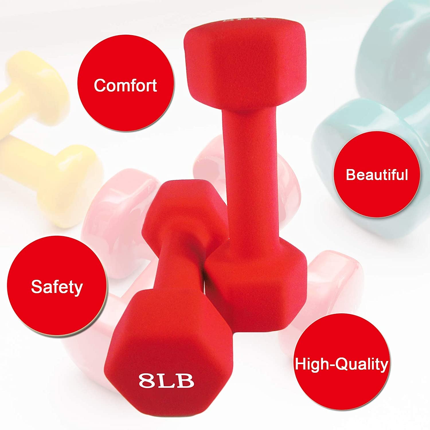 Dumbbells Set of 2 Exact Weights 15Lb/10Lb/8Lb/5Lb/3Lb/2Lb Neoprene Coated Dumbbell Sets, Matte Non-Slip Surface Hex Shape Colorful Exercise & Fitness Dumbbells