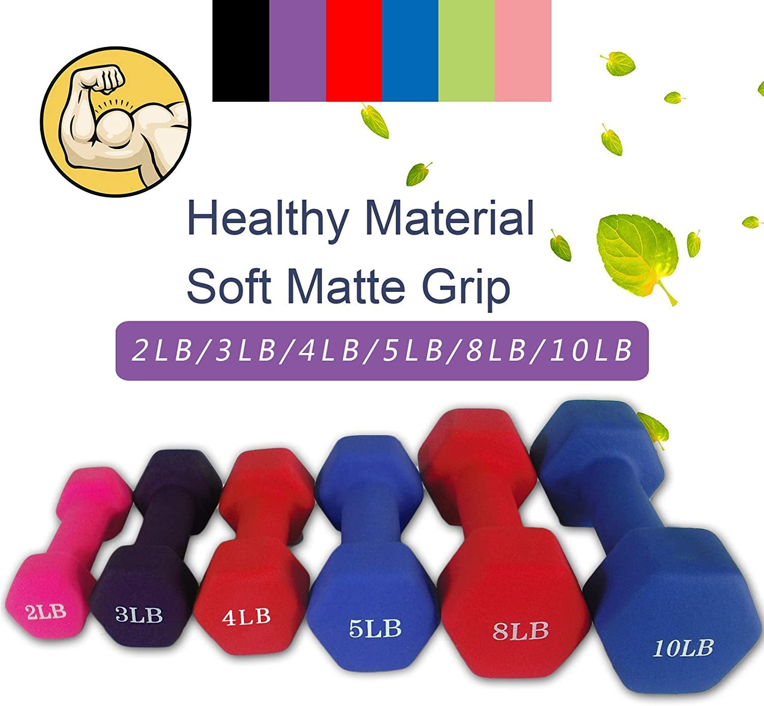 Dumbbells Set of 2 Exact Weights 15Lb/10Lb/8Lb/5Lb/3Lb/2Lb Neoprene Coated Dumbbell Sets, Matte Non-Slip Surface Hex Shape Colorful Exercise & Fitness Dumbbells